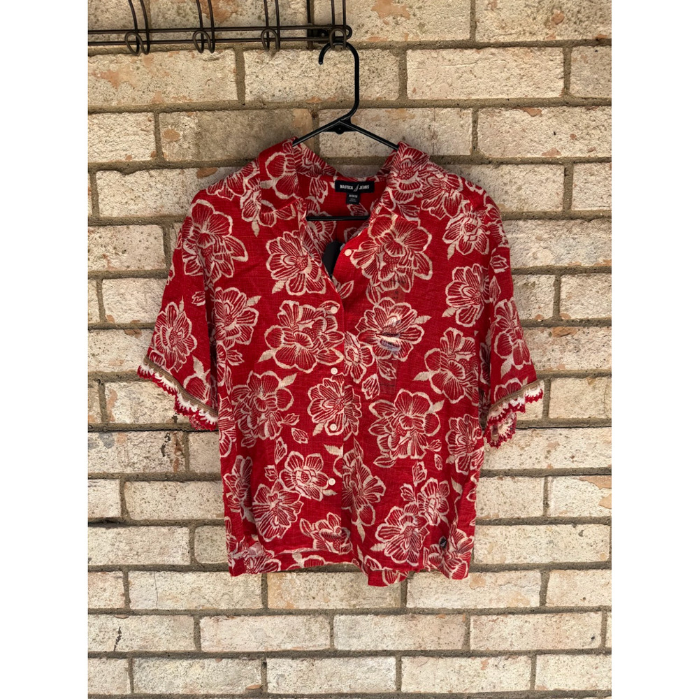 Nautica Jeans Red Floral Print Lace Trim Siesta Key Beach Shirt Size M
